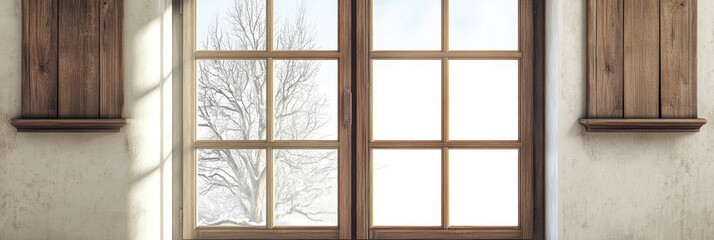 Fototapeta premium Winter view through wooden window frames showcasing a snow-covered landscape