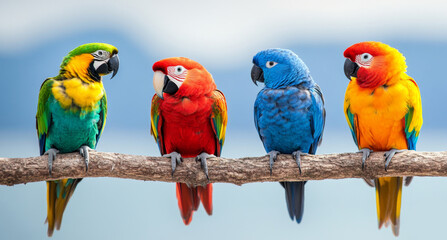 Obraz premium Colorful macaws sit on a branch overlooking the beautiful ocean.