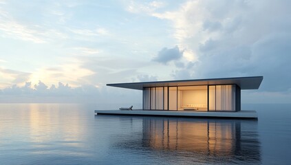 Modern floating house at sea sunset