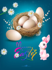 Composition with Easter eggs in a straw nest and a wonderful rabbit.