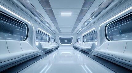 Fototapeta premium a high-speed train where passengers interact with mixed reality windows displaying scenic views from different worlds, futuristic transportation, seamless blending of real and virtual environments,