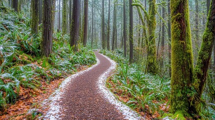 Obraz premium Serene Winter Forest Trail Snow Dusted Path Winding Through Lush Greenery