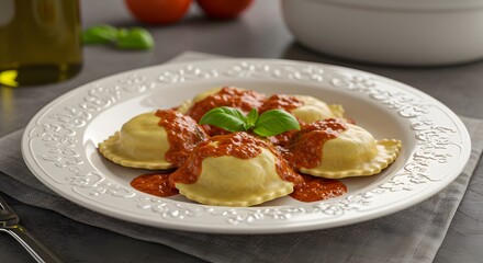 Delicious Ravioli with Tomato Sauce and Basil on Elegant White Plate