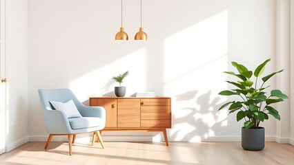 Bright minimalist living room with light wood furniture and indoor plants, blue accent chair, and natural ligh