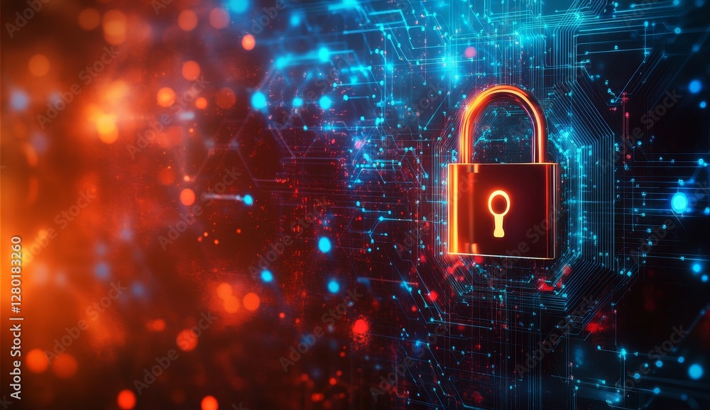 Poster digital lock on circuit board, security concept, futuristic background