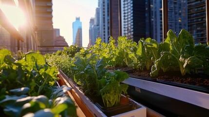 Fototapeta premium Urban gardening systems ensure fresh produce in cityscapes.