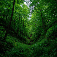Obraz premium green forest in the morning. Lush Green Ravine with Thriving Trees and Serene Woodland Ambiance, their vibrant leaves, deep shade and a feeling of sanctuary and abundance in forest.