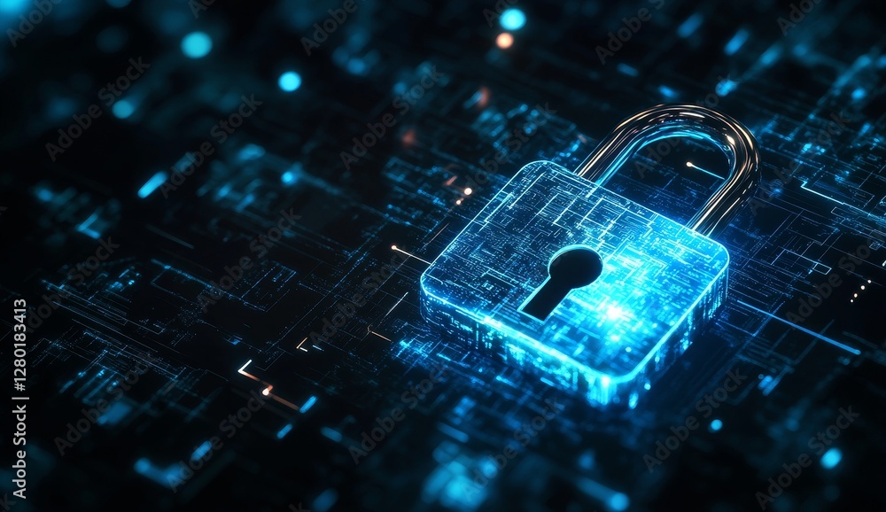 Poster cybersecurity lock on digital circuit board