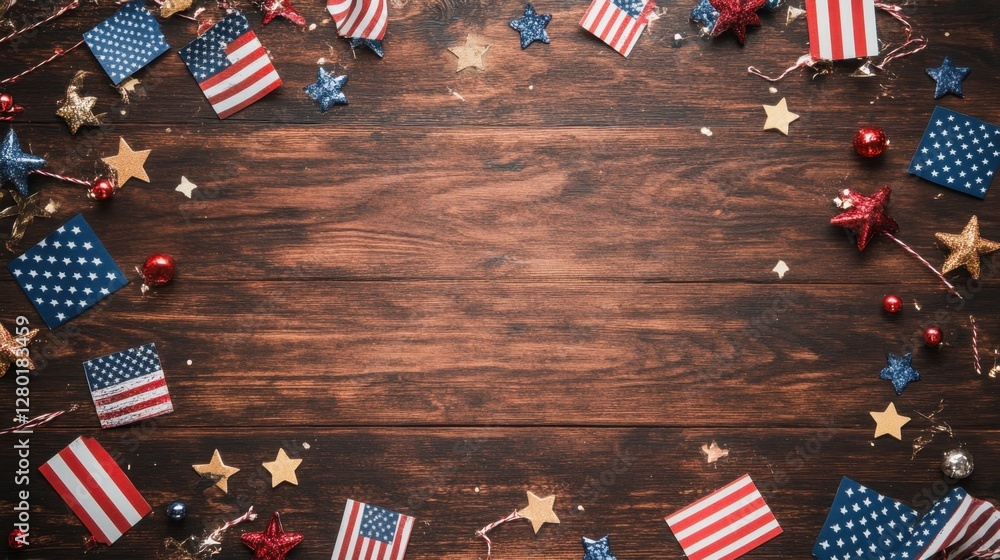 Poster above view of a blank circle centerpiece with small flags of the united states and a subtle festive 