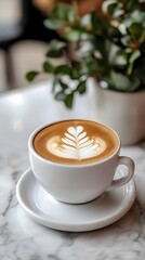 A beautifully crafted latte with latte art, resting on a marble table.