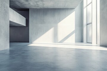 Abstract interior design of modern showroom with empty white concrete floor and gray wall.