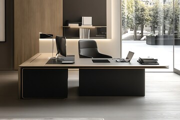 A Spacious Desk with a Sleek Desk Lamp Surrounded by Books.