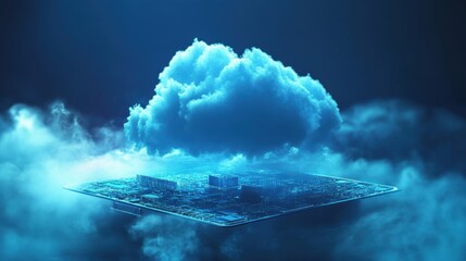 Abstract blue cloud hovering over a microchip, symbolizing cloud computing and technology integration