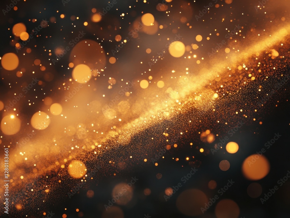 Poster shimmering golden particles in dark backdrop, enchanting bokeh lights creating a magical atmosphere 