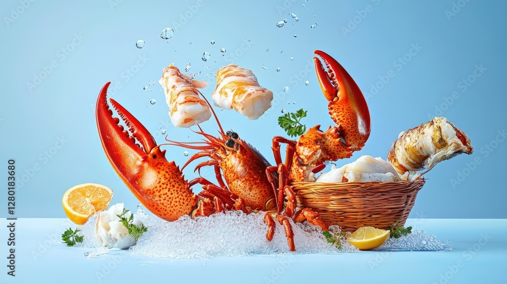Poster freshly cooked lobsters displayed on ice with lemon and herbs in a vibrant setting