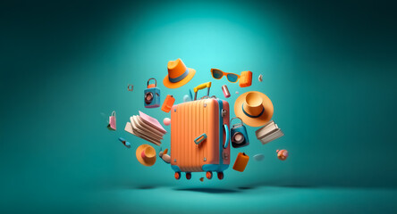 A vibrant orange suitcase is surrounded by floating travel accessories like hats, sunglasses, camera, books and bags against a teal backdrop, suggesting a fun vacation.