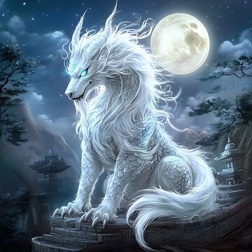 Luminous White Wolf Under Full Moon, Mystical Night Scene