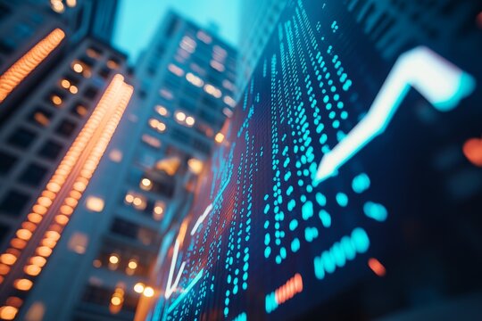 Cityscape stock ticker display at night