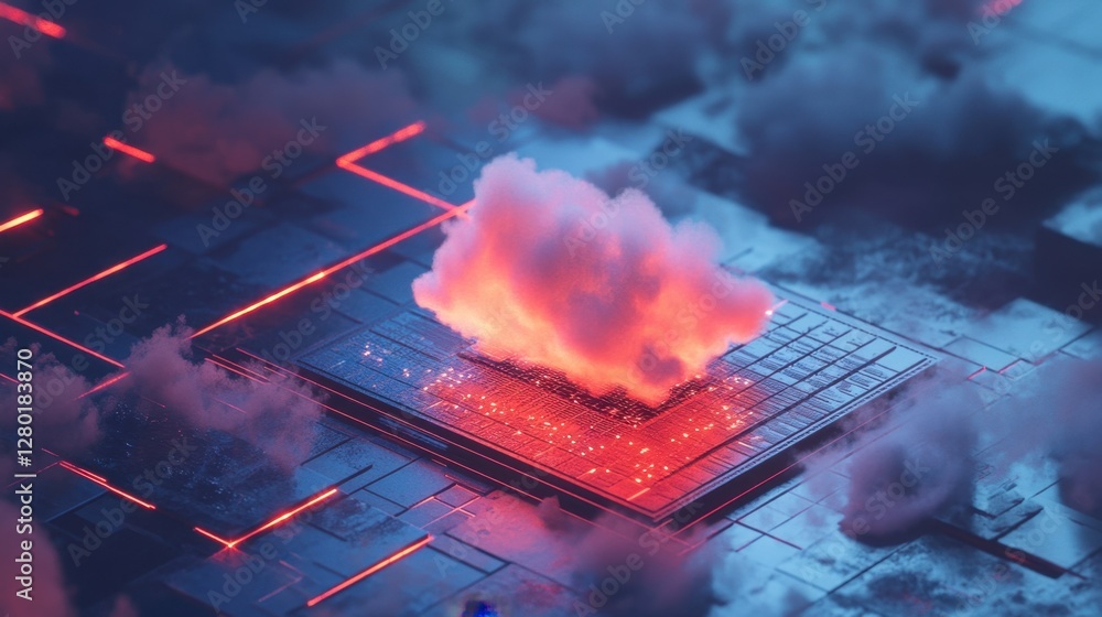 Poster abstract depiction of a microchip integrated with a glowing cloud in a futuristic data landscape