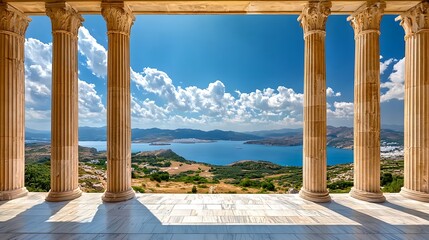 Naklejka premium Sun-Drenched Coastal Vista Framed by Ancient Columns AI Generated