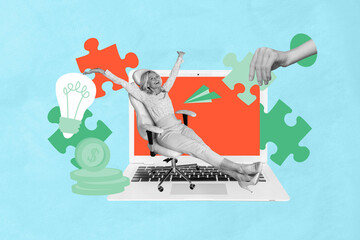 3d sketch poster trend collage of happy old businesswoman sit workplace laptop hand hold puzzle...
