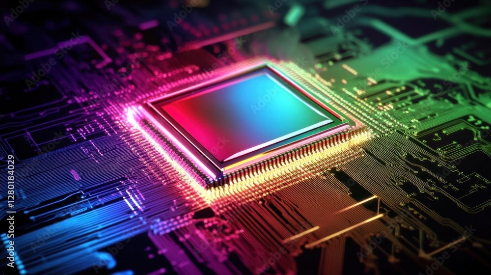 Poster abstract electronic circuit board glowing in futuristic colors, symbolizing innovation and tech prog