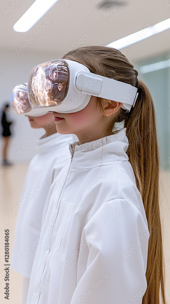 Poster a classroom where students learn through interactive mixed reality, historical figures appearing as 
