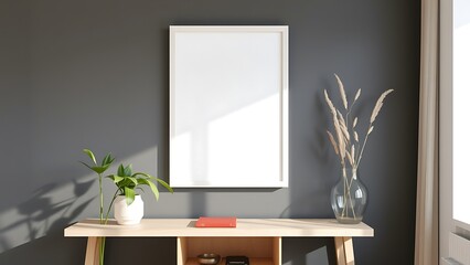 Grey and white minimalist living space with simple decor, vase, and indoor plant, white empty mockup frame.