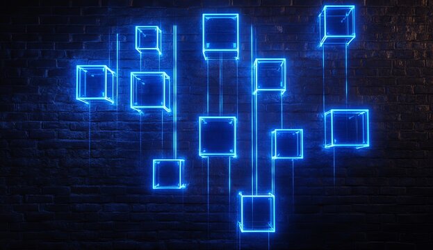 Neon blue glowing cubes on dark brick wall