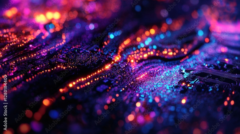 Poster abstract macro shot of an electronic circuit board with vibrant light beams and intricate pathways