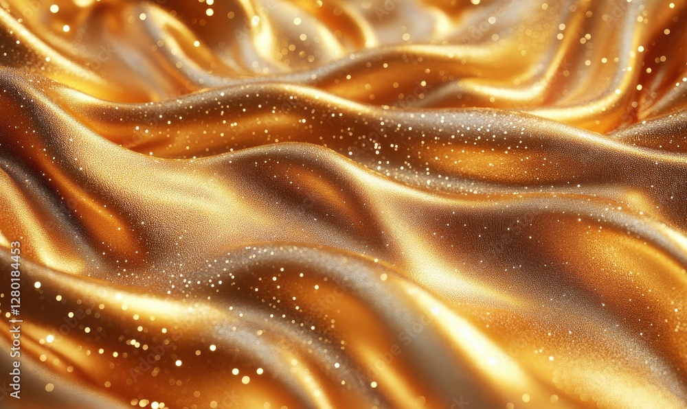 Poster Shimmering Golden Silk Fabric with Sparkling Texture in a Beautiful Flowing Wave Pattern for Elegant Background or Luxury Design Projects