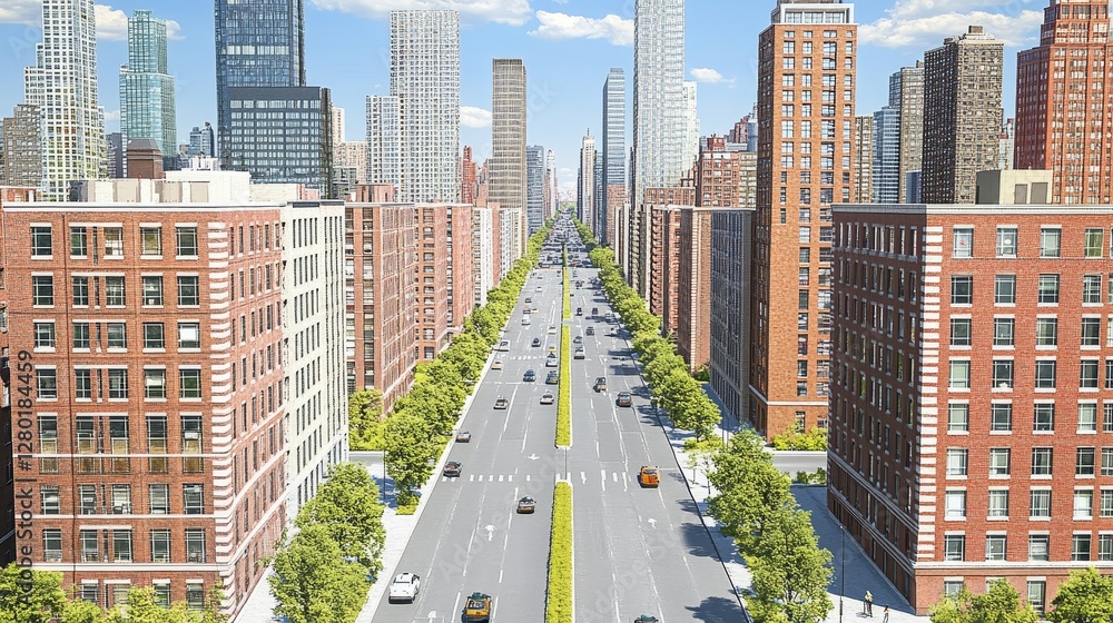 Poster vibrant urban artery with towering structures and lush greenery offering a dynamic perspective on ci