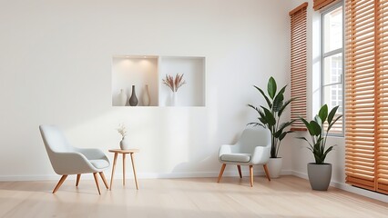 Fototapeta premium Minimalist living room with light furniture, wood accents, and natural decor. Bright and cozy space with Scandinavian-inspired interior design
