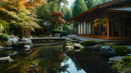 Obraz premium Tranquil japanese garden with pond reflecting autumn colors and architecture
