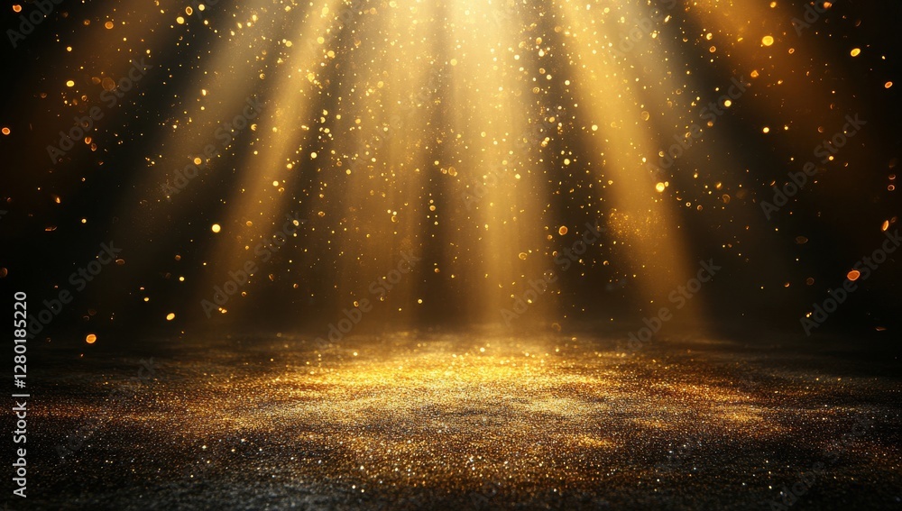 Poster shimmering particles in golden light with rays of sunlight creating a magical and enchanting atmosph