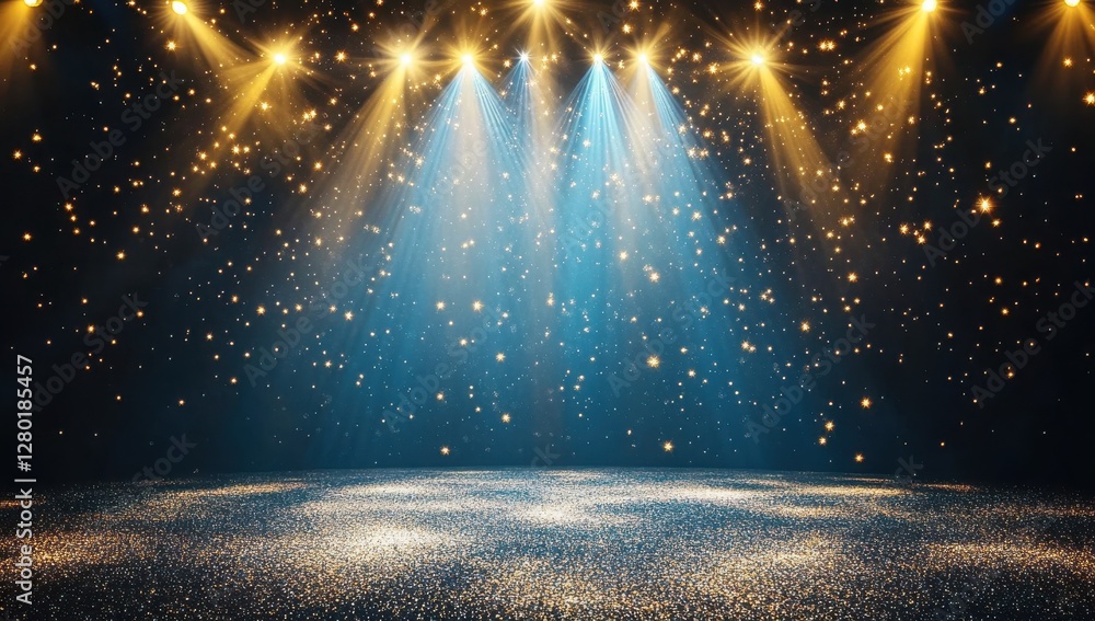 Poster shimmering stage with bright lights and sparkling particles creating a magical atmosphere for perfor