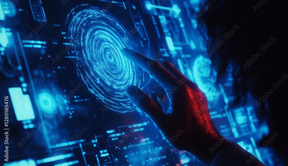 Leinwandbilder futuristic hand interacting with holographic interface; complex data displayed in background. possib