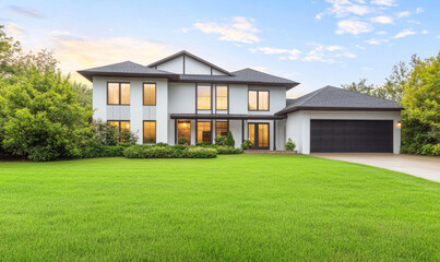 Modern family home with lush lawn and bright windows in a serene neighborhood
