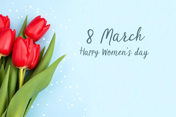 Light blue polka dot background digital greeting card red tulips
