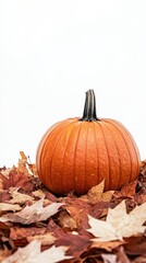 Autumnal Pumpkin on a bed of Fallen Leaves