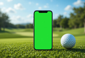 Smartphone mockup with green screen and golf ball on a golf course.