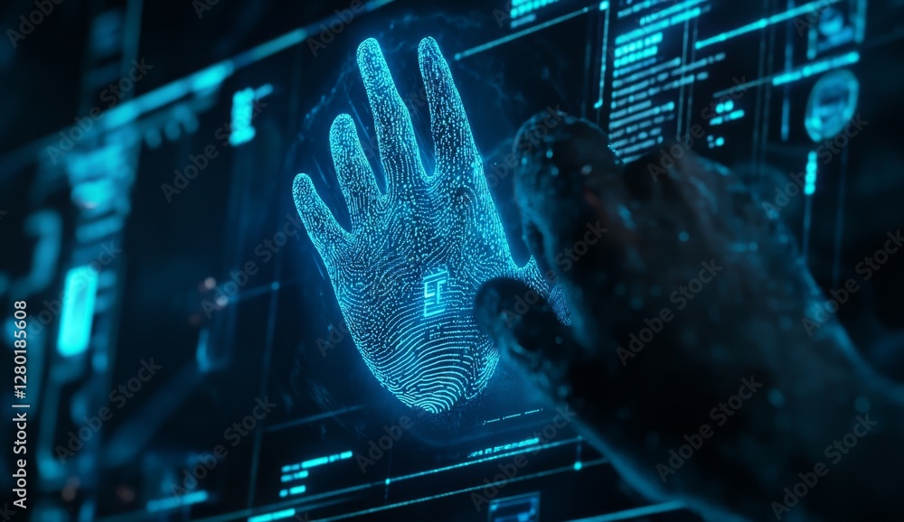 Poster hand interacting with digital fingerprint interface, futuristic technology