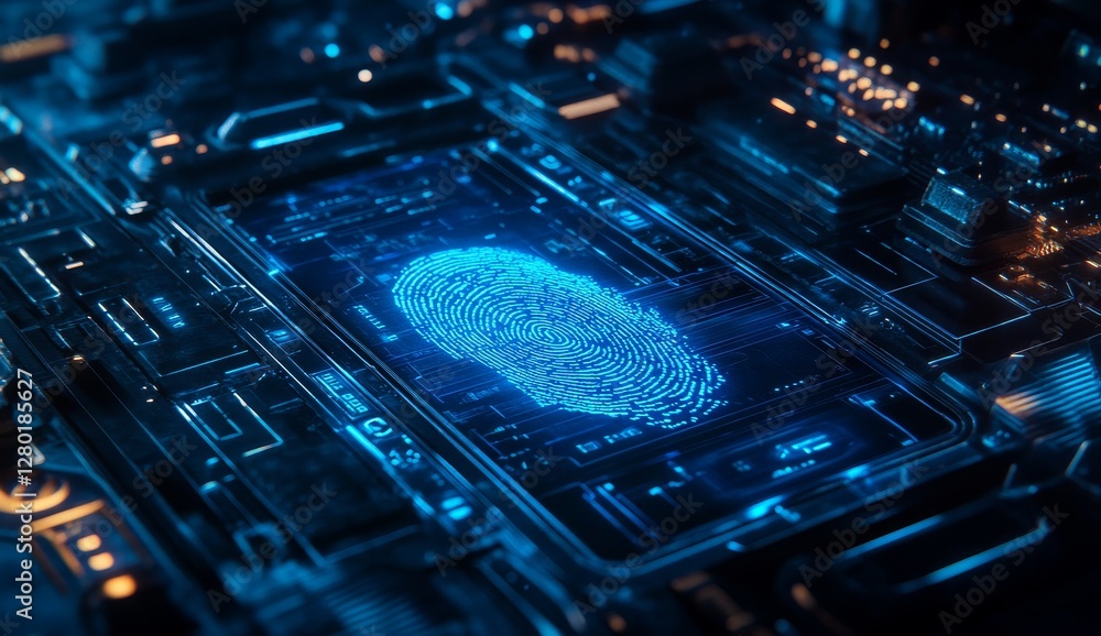 Poster Fingerprint scan on futuristic circuit board