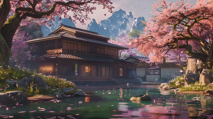 Fototapeta premium Serene Japanese Temple Garden with Blooming Cherry Blossoms and Mountain View
