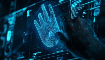 Hand interacting with digital fingerprint interface, futuristic technology