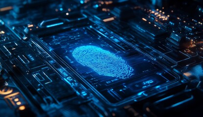 Fingerprint scan on futuristic circuit board