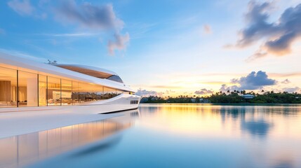 Fototapeta premium Modern yacht at sunset with tranquil waters and soft clouds