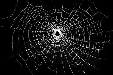 Obraz premium A spider and its intricate web illuminated against the dark