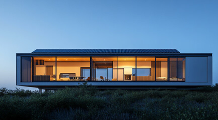 A modern house with solar panels on the roof, illuminated by warm light inside and against a clear blue sky at dusk