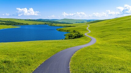 Winding road by lake in green hills, summer day